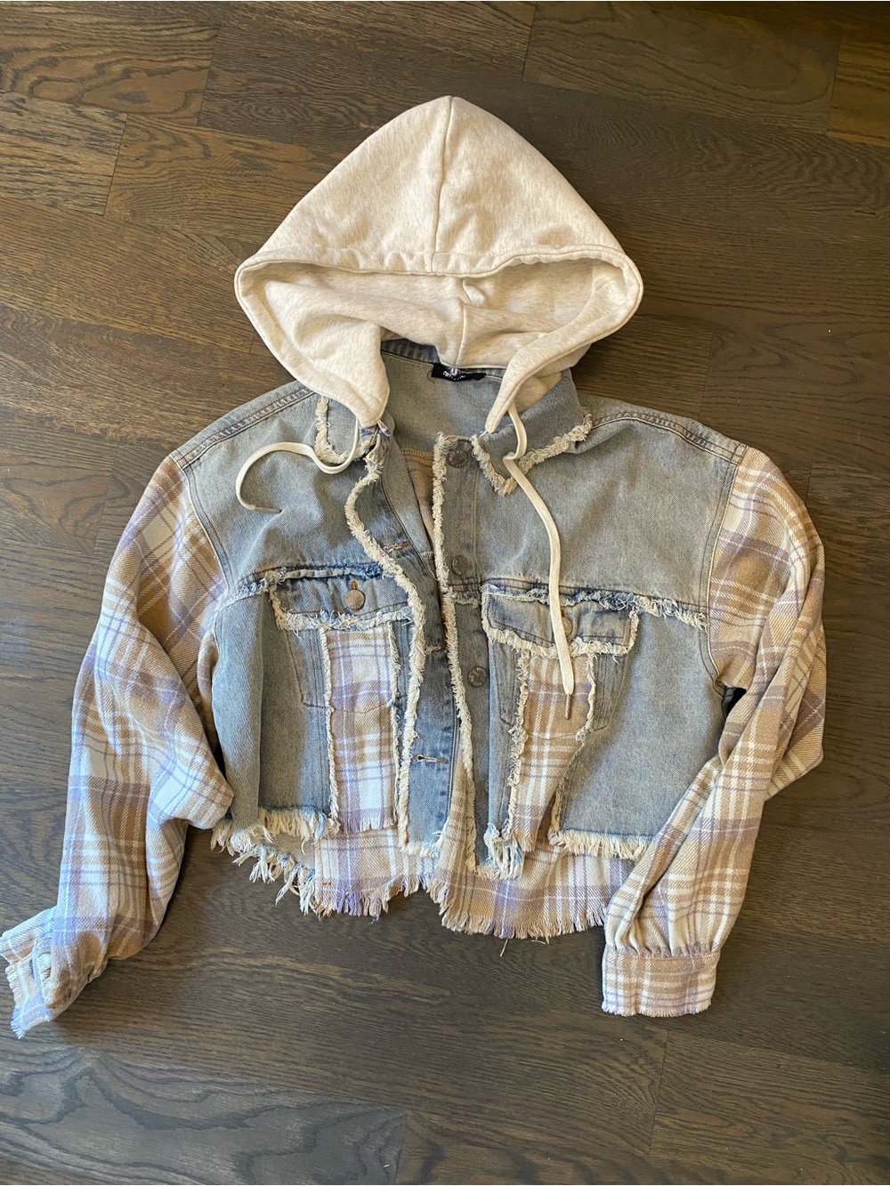 Miss Me Beige Plaid Mixed-Media Hooded Jacket